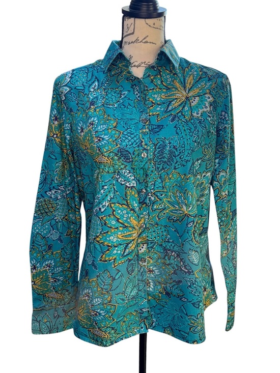Lands' End Tops - Lands' End Turquoise Floral Button-Front Blouse Size 12